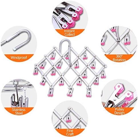 Drying Hanger, Hanging Drying Rack, Drip Hanger Stainless Steel with 18 Pegs for Laundry Underwear Socks, Quickly Remove Clothes from Hanger, Windproof, Folding Portable, (Red)