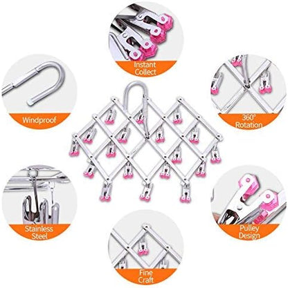 Drying Hanger, Hanging Drying Rack, Drip Hanger Stainless Steel with 18 Pegs for Laundry Underwear Socks, Quickly Remove Clothes from Hanger, Windproof, Folding Portable, (Red)