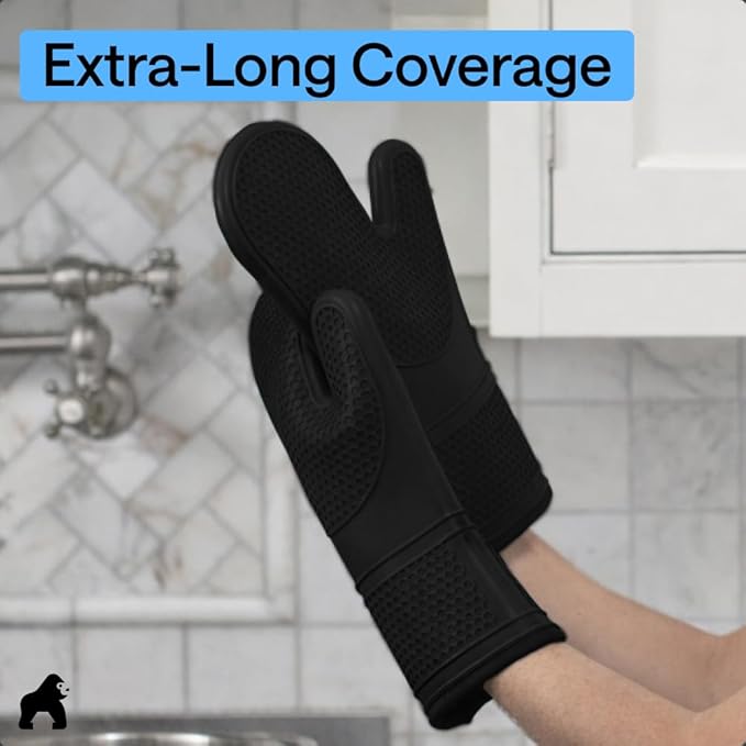 GORILLA GRIP BPA-Free Soft Silicone Oven Mitts, Heat Resistant and Waterproof Cooking Safety Gloves, Thick Cotton Lining, Flexible Gripping, Kitchen Potholders Set, for Grilling, BBQ, 12.5x8.3, Black