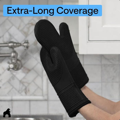 GORILLA GRIP BPA-Free Soft Silicone Oven Mitts, Heat Resistant and Waterproof Cooking Safety Gloves, Thick Cotton Lining, Flexible Gripping, Kitchen Potholders Set, for Grilling, BBQ, 12.5x8.3, Black