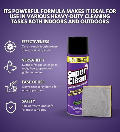 Super Clean Citrus Scent Cleaner and Degreaser Spray 17 oz Bundle with Microfiber Cloth - Heavy Duty Degreaser for Kitchen, Oil, Grime, and Dirt Removal - (2 Items)