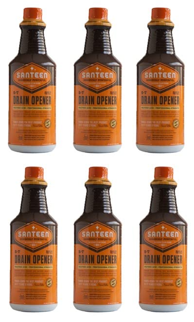 Santeen S‑T Drain Opener – Professional Strength Liquid Drain Cleaner for Sinks, Toilets & Showers – Dissolves Grease & Organic Buildup – PVC & Septic Safe – Case of 6 (32 oz)