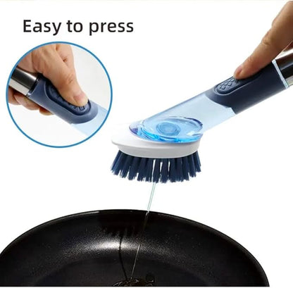 Multifunctional Kitchen Dish Washing Brush Set with Automatic Liquid Filling, Long Handle Scrub Brush with Stand, Blue