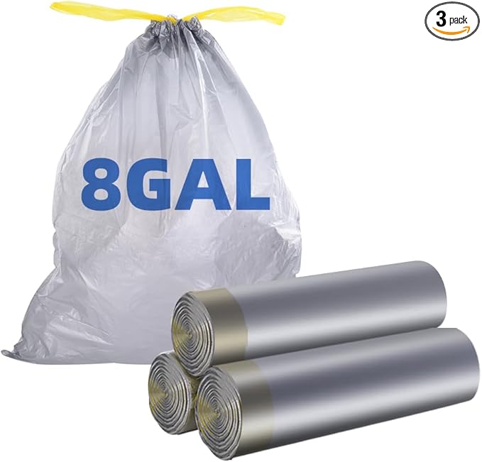 Trash Bags, Drawstring, 45 Count 8 Gallon Trash Bags/Garbage Bags, Wastebasket Liners for Bathroom Bedroom Office Trash Can