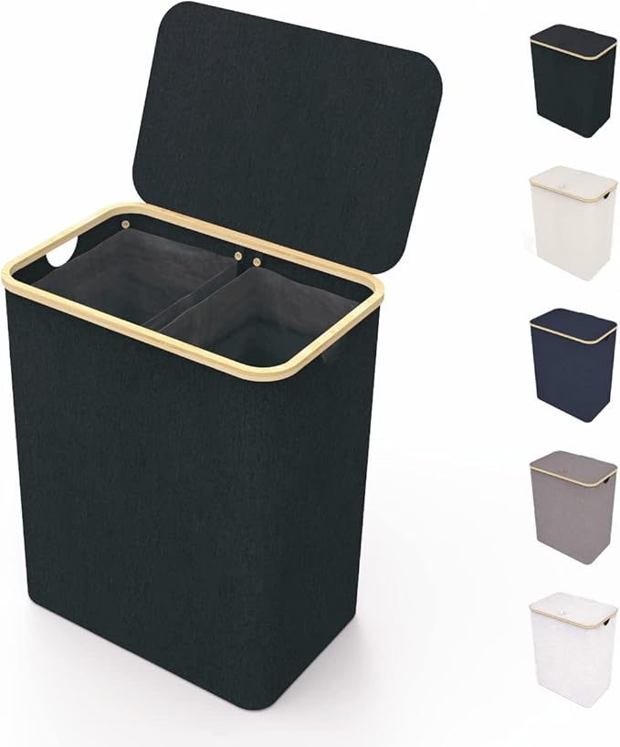 LONBET Laundry Basket with Lid, Made from Breathable Fabric | Aesthetic Clothes Hampers for Laundry with Side Handles & Sturdy Bamboo Frame (40 Gallons - Double, Black)