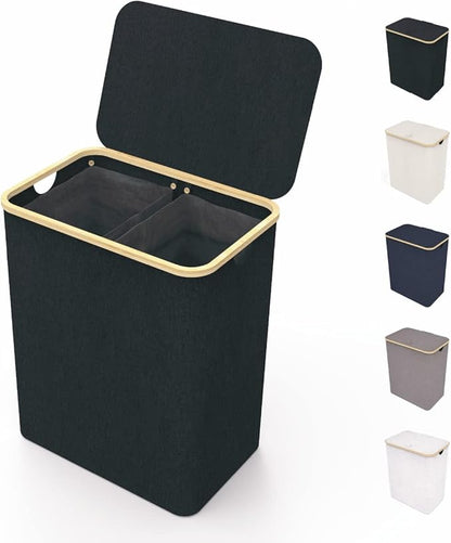 LONBET Laundry Basket with Lid, Made from Breathable Fabric | Aesthetic Clothes Hampers for Laundry with Side Handles & Sturdy Bamboo Frame (40 Gallons - Double, Black)