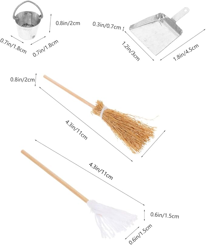Miniature Dollhouse Cleaning Set Mini Floor Mop Bucket Broom Dustpan Models Housework Tool Decoration Accessories for DIY 1:12 Scale Fairy Garden Micro Landscape