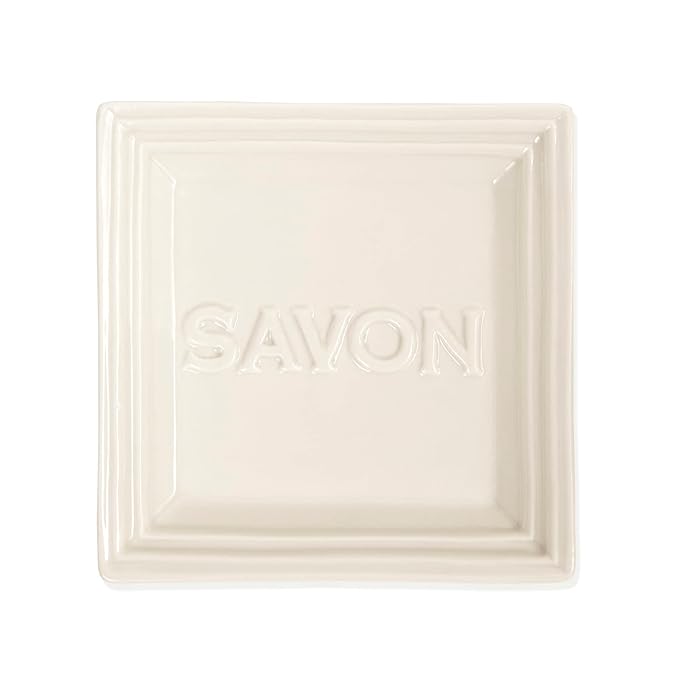 Pre de Provence Marseille Olive Oil Ceramic Soap Dish, Keeps Bar Dry and Protects Countertops, 4.3" Square