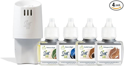 Scent Fill Masculine Kit (Tobacco Sage, Starry Night, Vanilla Suede, and Mahogany Teak), 4 Refills & 1 Diffuser