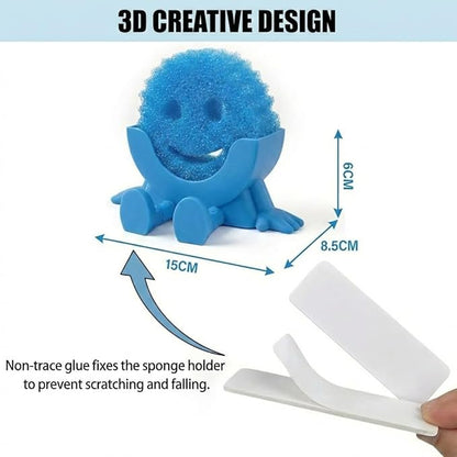 Creative Hanging Sponge Holder with Drainage/Traceless Glue, 3D Printing Countertop Funny Sponge Holders for Kitchen Sink, Keeps Your Sponge Dry & Smiling, for Scrub Daddy Holder (1, Blue)