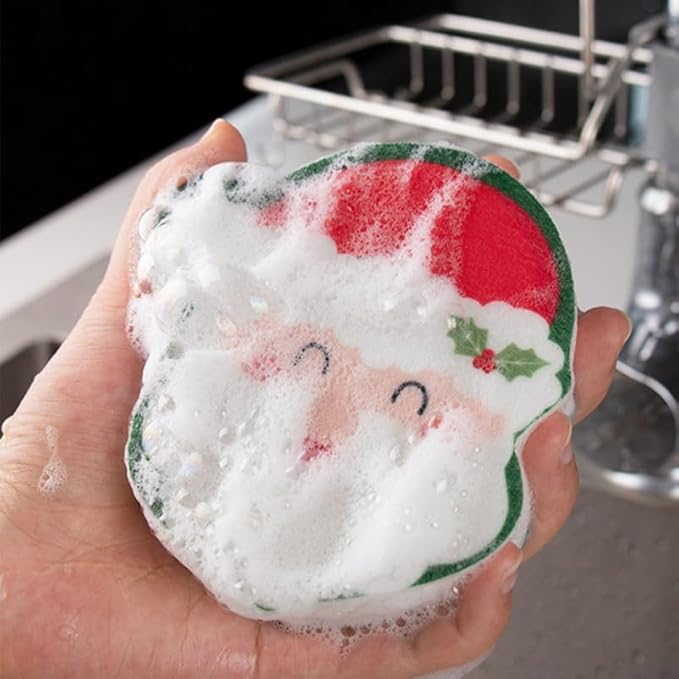 4pcs Cute Christmas Dishwashing Sponges Reusable Kitchen Scrubbers for Cleaning Thickened Design for Sturdy Use Kitchen and Bathroom Cleaning