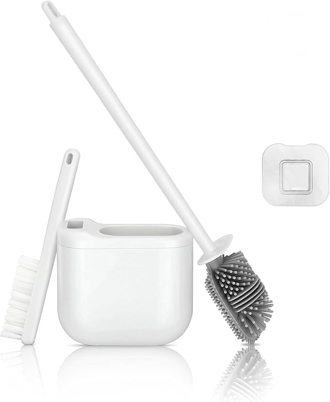 Silicone Toilet Brush Set with Corner Brush & Wall-Mounted Holder, No-Scratch Design with Drainage Holes, Adhesive Installation, White