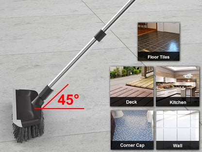 Heavy Duty Floor Scrub Brush with Long Handle, Adjustable Stainless Steel Handle, Stiff Bristles & Rubber Squeegee Scraper, Concrete Floor Scrubber for Cleaning Floor Concrete Deck Hardwood Patio Tile