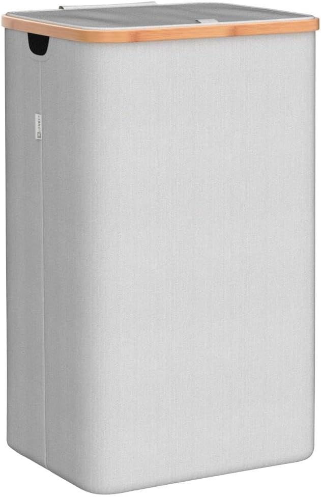 LONBET Laundry Basket with Lid, Made from Breathable Fabric | Aesthetic Clothes Hampers for Laundry with Side Handles & Sturdy Bamboo Frame (26 Gallons - Single, Light Gray)