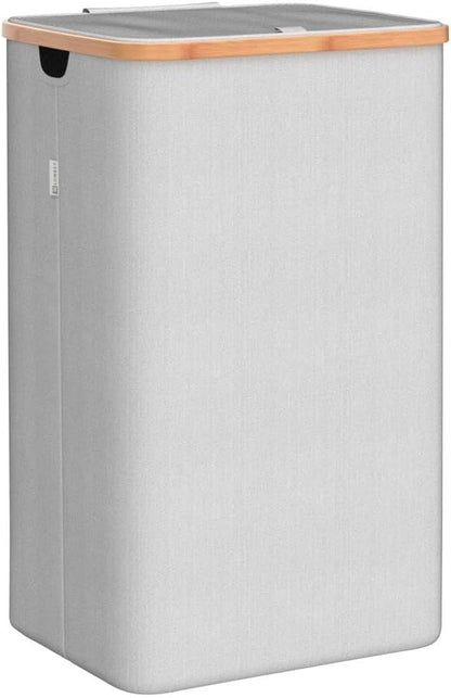 LONBET Laundry Basket with Lid, Made from Breathable Fabric | Aesthetic Clothes Hampers for Laundry with Side Handles & Sturdy Bamboo Frame (26 Gallons - Single, Light Gray)