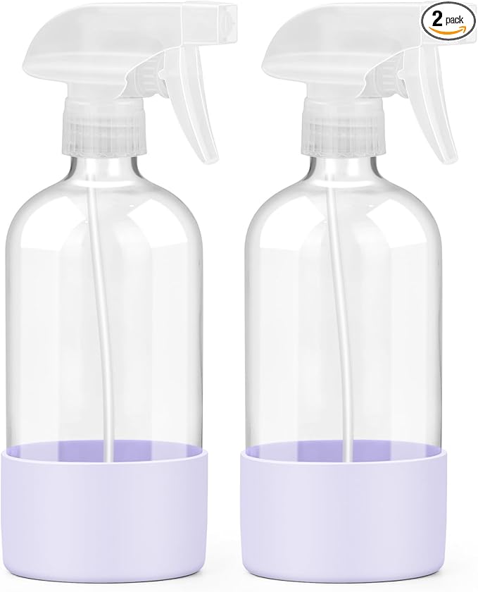 Worldgsb 2 Pack Glass Spray Bottles with Silicone Sleeve, 16 oz Empty Refillable Containers with Adjustable Spray Nozzles, Spray Bottles for Hair, Cleaning Solutions and Plants Purple