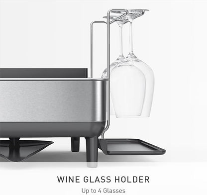 simplehuman Large Capacity Dish Drying Rack with Stainless Steel Frame, 360º Easy Drain Swivel Spout, Utensil & Wine Glass Holder, Anti-Residue Coating, Moisture Control Surface, Grey