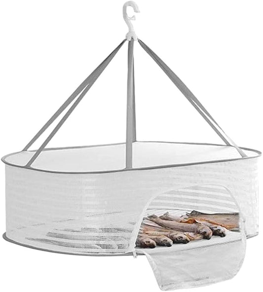 Primst Foldable Drying Fishing Net, Hanging Drying Net Rack Clothes Dry Basket with Zipper, Indoor and Outdoor Plants Dryer for Shrimp Fish Fruit Vegetables Herb (1 Layer)
