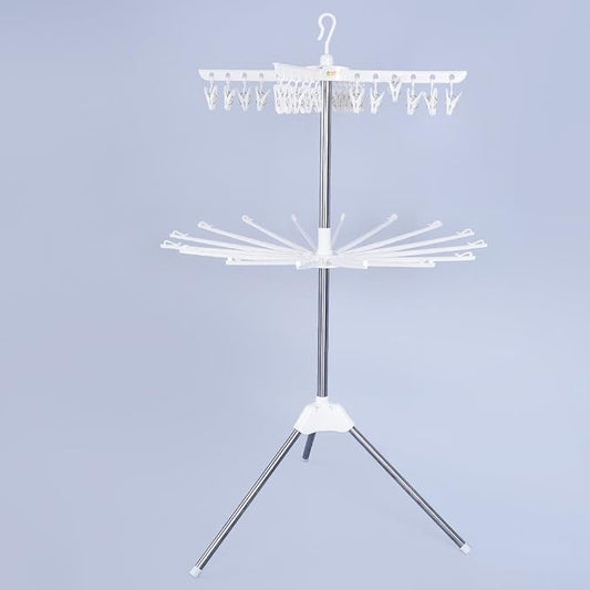 BAOYOUNI Foldable Clothes Drying Rack 2-Tier Indoor Outdoor Space Saving Stand Hanger with 24 Clips and 16 Towels Bars for Baby Clothes, Cloth Diapers, Socks, Bras, Towels, Underwear (Ivory)