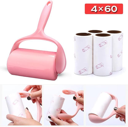 Sticky Lint Roller, Pet Hair Roller, Dog & Cat Hair Remover Kit,4 Refills 240 Sheets, Lint Brush for Clothes, Carpet, Car Seats, Dust, Dogs, Handle (1Handle+4Refills)