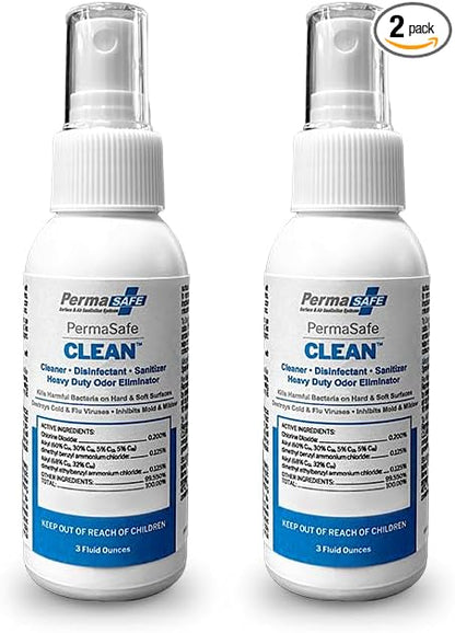 PermaSafe CLEAN 1-Step Disinfectant, Deodorizer & All-Purpose Cleaner; Soft, Hard & Food Surface Sanitizer; Kills 99.9% of Bacteria, Viruses, Molds - Child, Pet, Planet & All Surface Safe (3oz 2-pk)