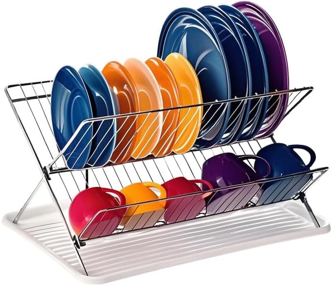 Foldable Dish Drainer, 2-Tier Stainless Steel Dish Drying Rack With Drip Tray and 5 Silicone Buckles, 13.3×10.6"Foldable Dish Drainer for Kitchen Sink, Countertop, Cutlery, Plates, and Dishes (White)