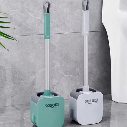 Toilet Brush, Silicone Toilet Bowl Brushes and Holder for Bathroom, Compact Flexible Toilet Cleaner Brush with Ventilated Drying Holder, Wall Mounted/Floor Standing Gray/Green–Long Non-Slip Handle