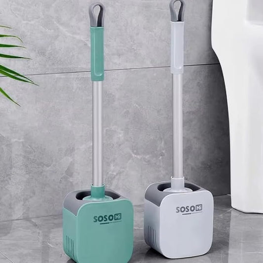 Toilet Brush, Silicone Toilet Bowl Brushes and Holder for Bathroom, Compact Flexible Toilet Cleaner Brush with Ventilated Drying Holder, Wall Mounted/Floor Standing Gray/Green–Long Non-Slip Handle