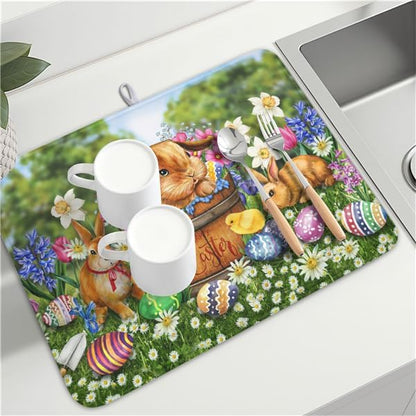 Easter Bunnies Eggs Dish Drying Mat for Kitchen Counter,Spring Colorful Flowers Drying Mat 18 x 24 Inch with High Absorbent Microfiber Drainer Mat for Coffee Bar