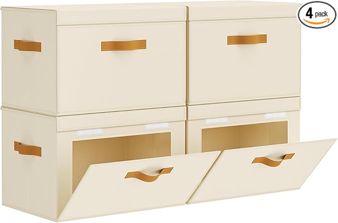 Large Storage Bins with Lids - Front Opening Fabric Storage Bins, Flap Closet Organizer with Handles, Collapsible Boxes with Lid, Decorative Basket for Home, Dorm, 4 Pack, Beige