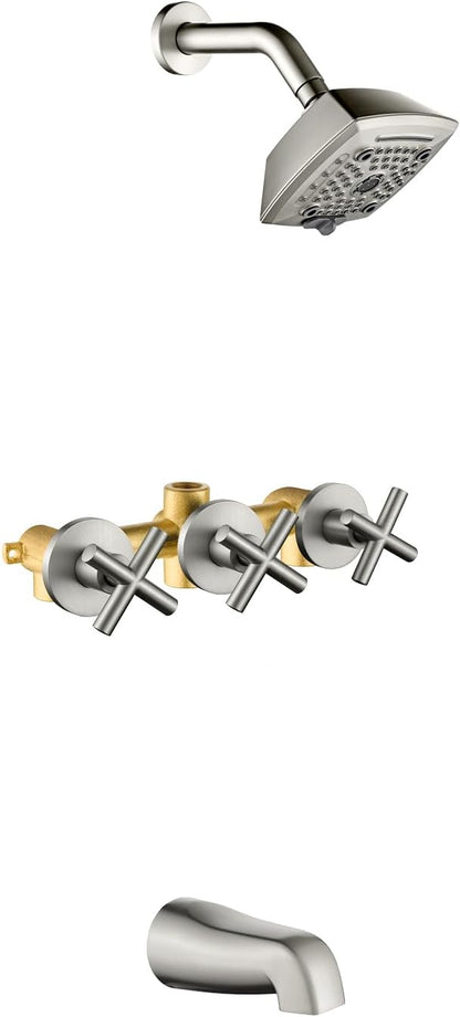 3 Handle Shower Faucet Set with Tub Spout 6-Spray Shower Head and Handle Set Shower Trim Kit with Rough-in Valve Bathroom Shower Faucet Valve Trim Kit Shower System Brushed Nickel