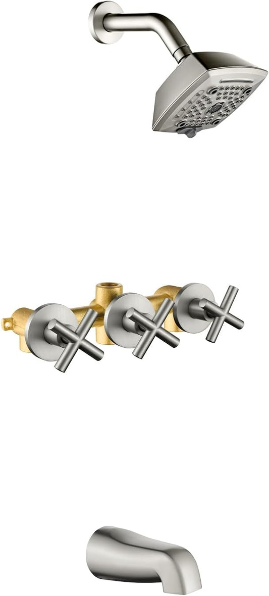3 Handle Shower Faucet Set with Tub Spout 6-Spray Shower Head and Handle Set Shower Trim Kit with Rough-in Valve Bathroom Shower Faucet Valve Trim Kit Shower System Brushed Nickel