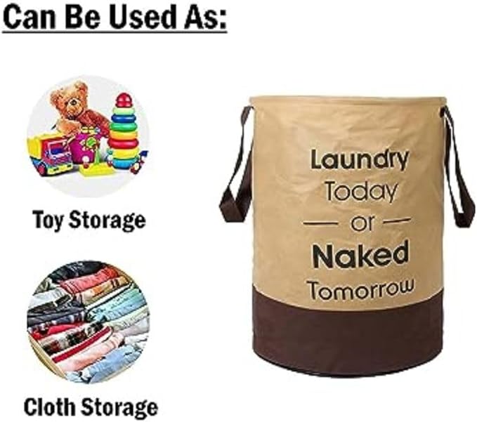 45L Waterproof Laundry Basket – Collapsible Canvas Clothes Hamper with Handles for Toy Storage, Laundry Room, Dorm & Nursery – Brown Organizer Bin (14.57x14.57x18.11 in)