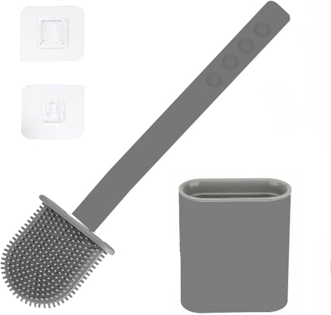 Modern Minimalist Silicone Grey Toilet Brush and Holder Set – Pack of 1 Wall Mounted Toilet Bowl Brush – Long Non-Slip Handle, Flexible Bristles for Self-Cleaning & Splash-Free, Easy-Rinse Design