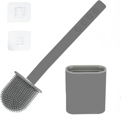 Modern Minimalist Silicone Grey Toilet Brush and Holder Set – Pack of 1 Wall Mounted Toilet Bowl Brush – Long Non-Slip Handle, Flexible Bristles for Self-Cleaning & Splash-Free, Easy-Rinse Design