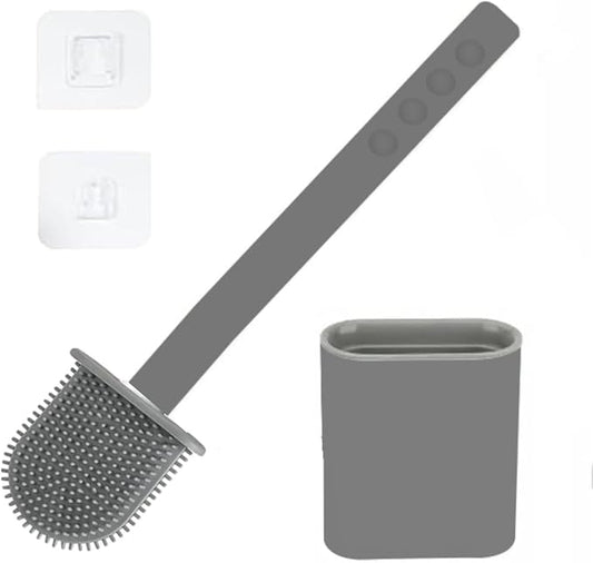 Modern Minimalist Silicone Grey Toilet Brush and Holder Set – Pack of 1 Wall Mounted Toilet Bowl Brush – Long Non-Slip Handle, Flexible Bristles for Self-Cleaning & Splash-Free, Easy-Rinse Design