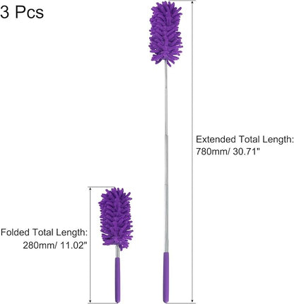 MECCANIXITY Chenille Cleaning Duster, 11 to 31 Inch Washable Extendable Brush for Window, Furniture, Ceiling Fan, Purple Pack of 3