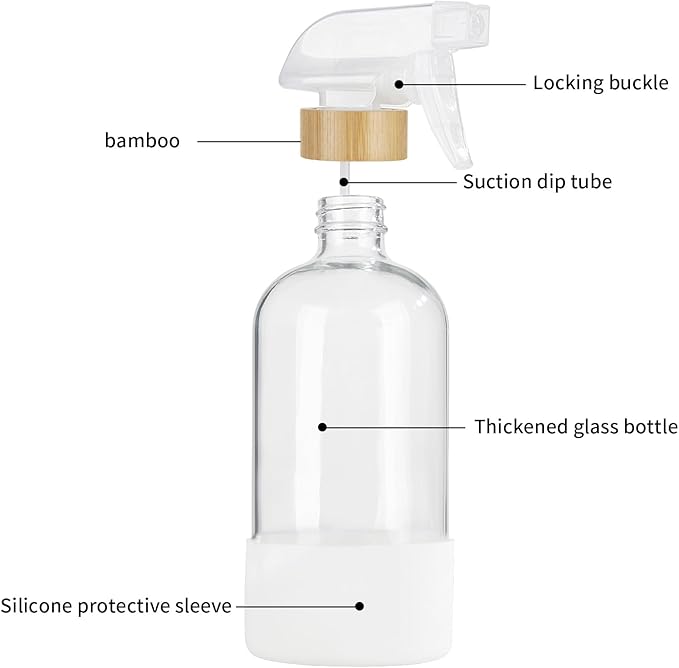 HOMBYS Empty Bamboo Glass Spray Bottles with Silicone Sleeve Protection - Refillable 17 oz Clear Glass Containers for Cleaning Solutions, Essential Oils, Misting Plants - Quality Sprayer - 3 Pack