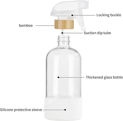 HOMBYS Empty Bamboo Glass Spray Bottles with Silicone Sleeve Protection - Refillable 17 oz Clear Glass Containers for Cleaning Solutions, Essential Oils, Misting Plants - Quality Sprayer - 3 Pack