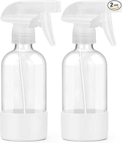 Worldgsb 2 Pack Glass Spray Bottles 8 oz, Empty Refillable Containers with Silicone Sleeve Protection, Glass Spray Bottles for Cleaning Solutions, Hair and Plants with Adjustable Nozzles White