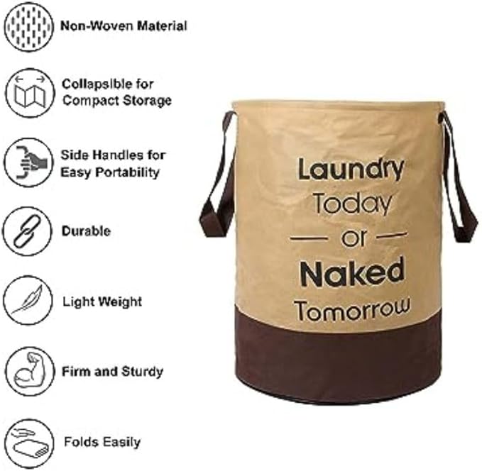 45L Waterproof Laundry Basket – Collapsible Canvas Clothes Hamper with Handles for Toy Storage, Laundry Room, Dorm & Nursery – Brown Organizer Bin (14.57x14.57x18.11 in)