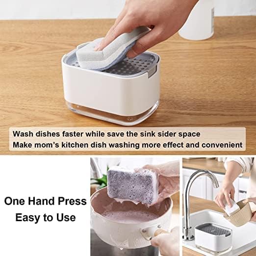 Soap Detergent Dispenser, 2-in-1 Pump, Sponge Holder Rack Shelf, Countertop Caddy, Dishwashing Hand Soap Dispenser for Kitchen, Bathroom, Liquid Hand Pump Dispenser (Sponge Included) - White
