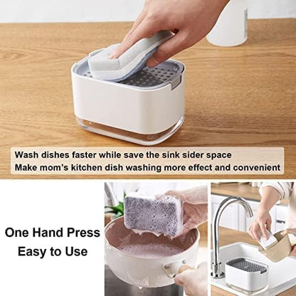 Soap Detergent Dispenser, 2-in-1 Pump, Sponge Holder Rack Shelf, Countertop Caddy, Dishwashing Hand Soap Dispenser for Kitchen, Bathroom, Liquid Hand Pump Dispenser (Sponge Included) - White