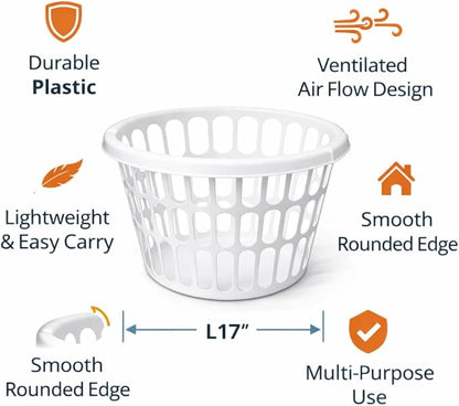 2 Pack 1 Bushel Round Laundry Baskets, White Plastic Clothes Hamper with Ventilated Design and Built-In Handles, Lightweight Household Organizer