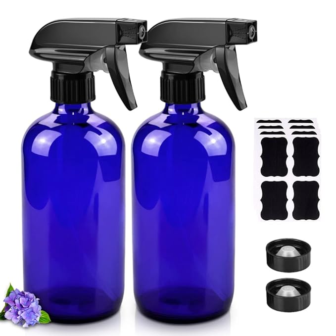 Worldgsb Glass Spray Bottles, 16oz Refillable Containers, Empty Boston Round Bottles with Labels & Adjustable Nozzle for Cleaning, Gardening, Aromatherapy, Pets, Plant, Hair -Blue (2 Pack)