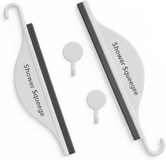 Mini Shower Squeegee for Glass Doors – Small Handy Bathroom, Countertop & Window Cleaner with Rubber Blade and Hook for Tile Walls, Mirrors, Kitchen Sink - Pack of 2