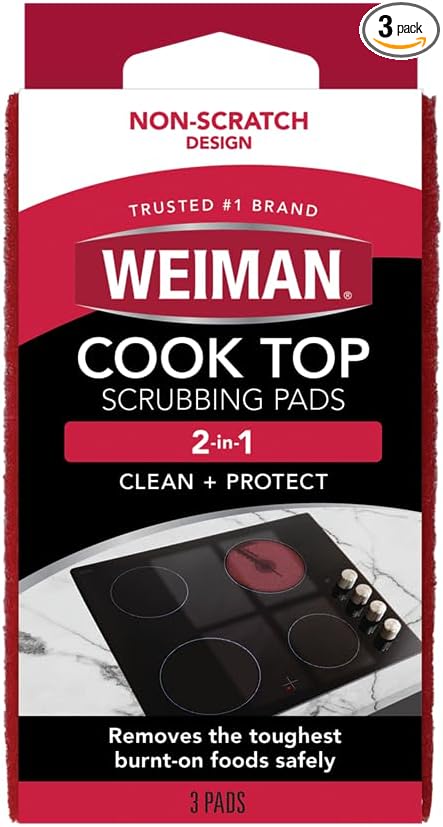 Weiman Cooktop Scrubbing Pads, 3 Count Scratch-Free Cleaning Pads for Cermaic, Glass Cooktop Surfaces, Removes Tough Burned-On Food & Residue