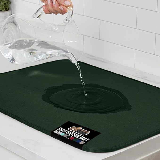 GORILLA GRIP Ultra Water Absorbent Microfiber Dish Drying Mat, Quick Dry Thick Mesh, Slip Resistant Pad for Sink Dishes or Under Rack, Kitchen Counter Accessories, Machine Wash, 18x16, Hunter Green