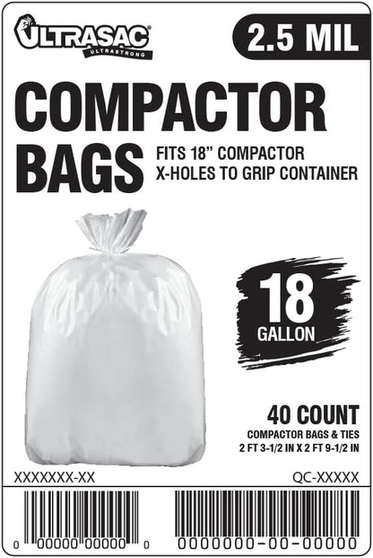 Ultrasac 18 Gallon Compactor Bags (40 Pack with Ties) For 18 Inch Compactors - 28.25" x 33.5" Heavy Duty 2.5 MIL Garbage Disposal Bags Compatible with Whirlpool