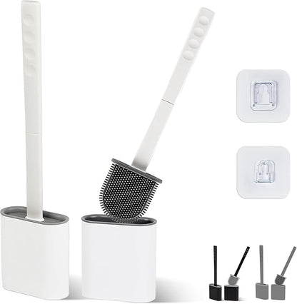 Silicone Toilet Brush and Holder Set – Pack of 2 Wall Mounted Toilet Scrubber Brush White – Long Non-Slip Handle, Modern Design, Flexible Bristles for Easy Cleaning